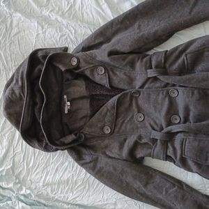 Womens dark grey sweatshirt trench coat waist length with lined fleece hood